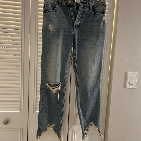 We The Free Maggie Mid-Rise Straight Leg Distressed Raw Hem Jeans Womens Size 27 - Picture 2 of 11